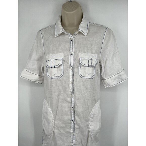Escales Paris Officier Linen Dress White With Blue Accents Size Medium White - Picture 2 of 5